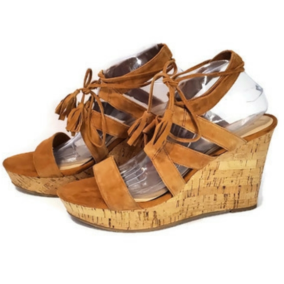 Bleecker & Bond Tan Lace Up Wedge Sandals - Picture 1 of 8